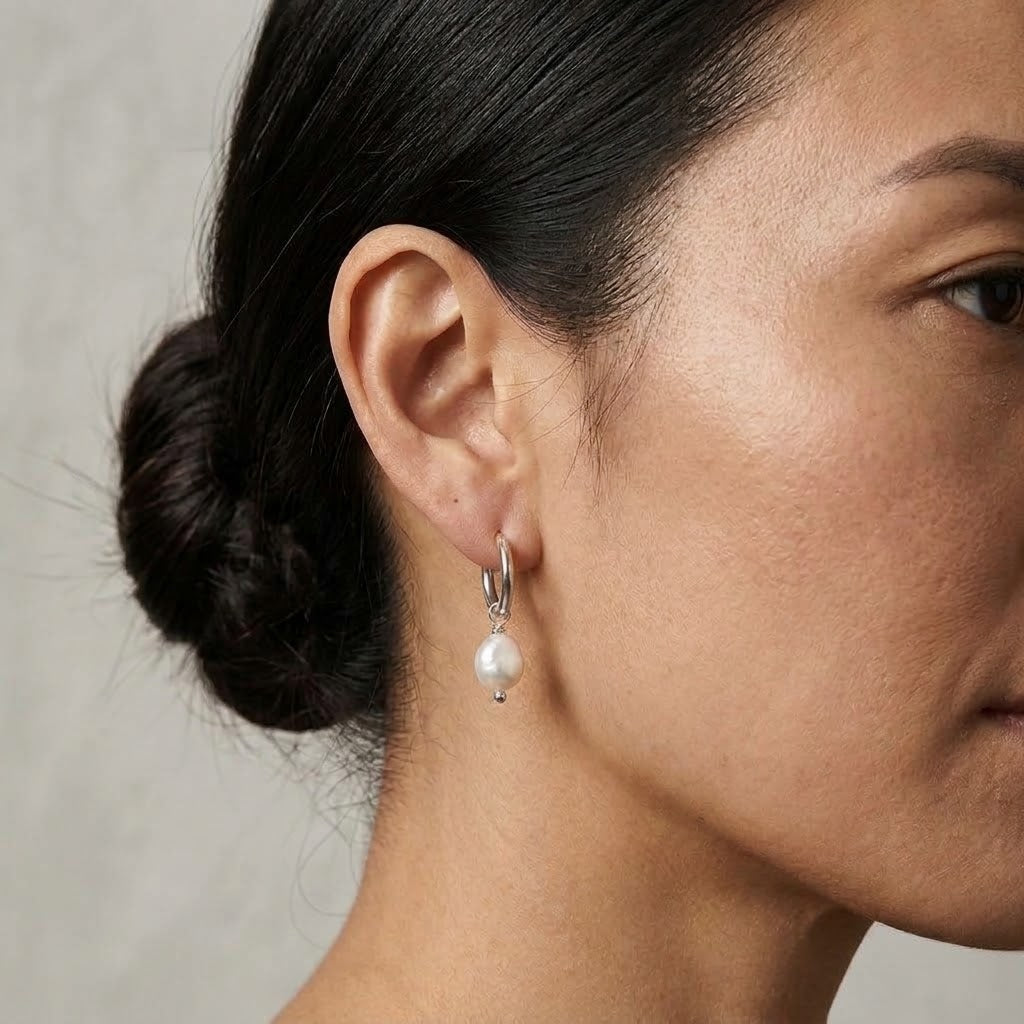 Freshwater Pearl Drop Stainless Steel Huggie Hoop Earrings