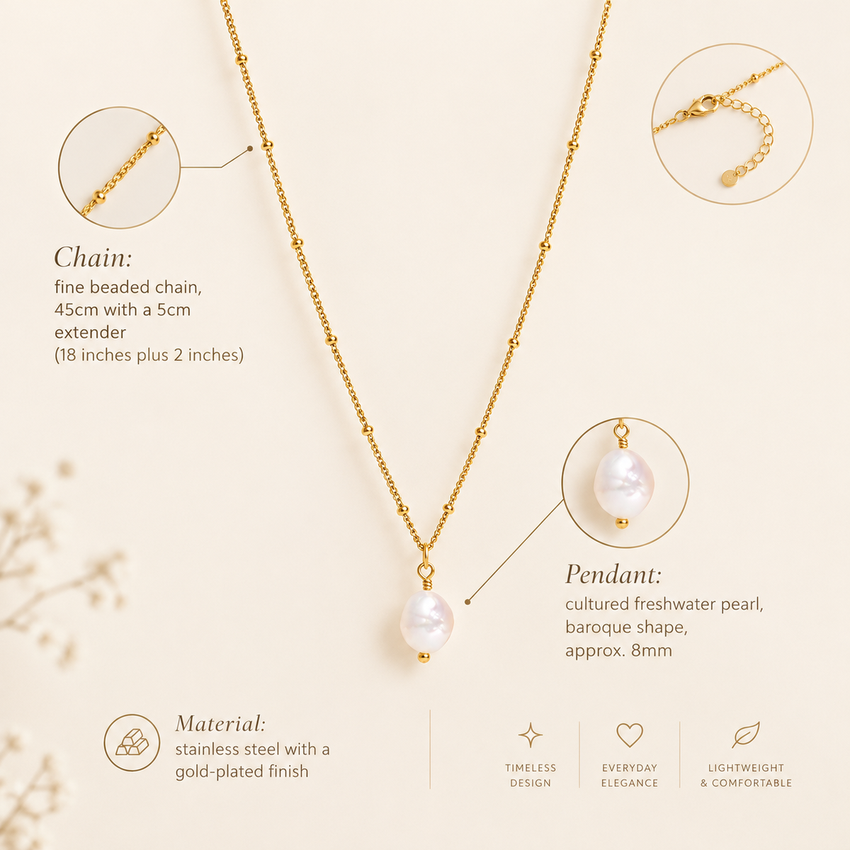 Baroque Freshwater Pearl Stainless Steel Pendant Necklace