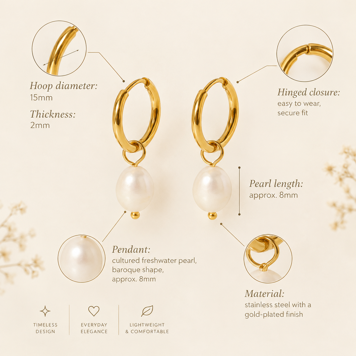 Freshwater Pearl Drop Stainless Steel Huggie Hoop Earrings