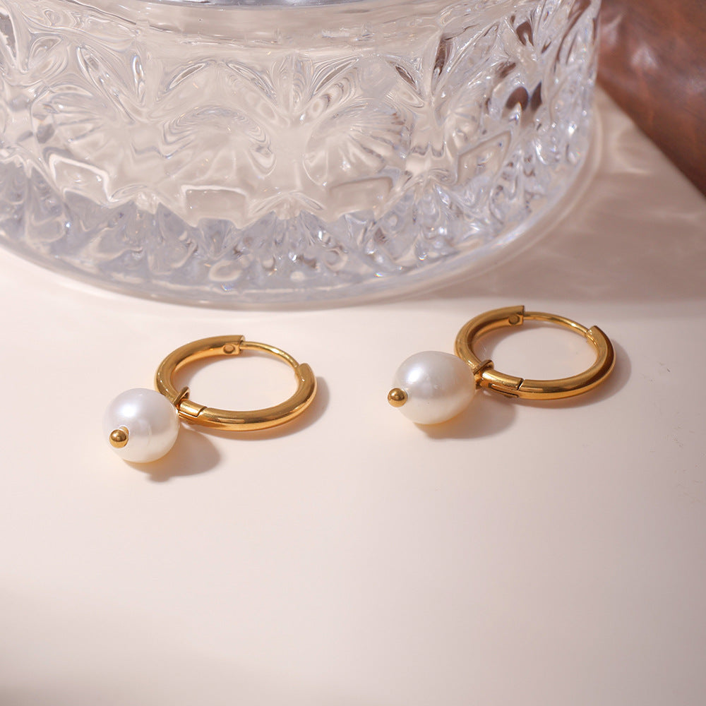 Freshwater Pearl Drop Stainless Steel Huggie Hoop Earrings