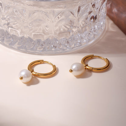 Freshwater Pearl Drop Stainless Steel Huggie Hoop Earrings