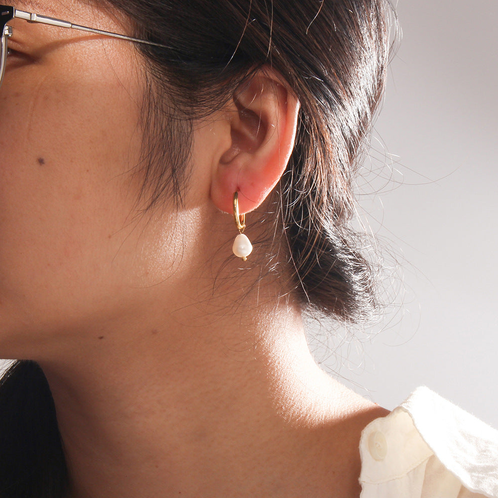 Freshwater Pearl Drop Stainless Steel Huggie Hoop Earrings