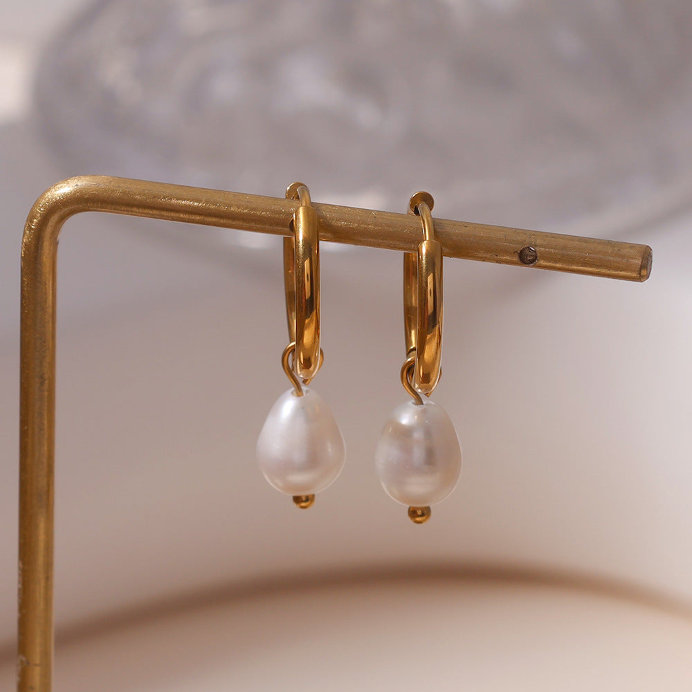 Freshwater Pearl Drop Stainless Steel Huggie Hoop Earrings