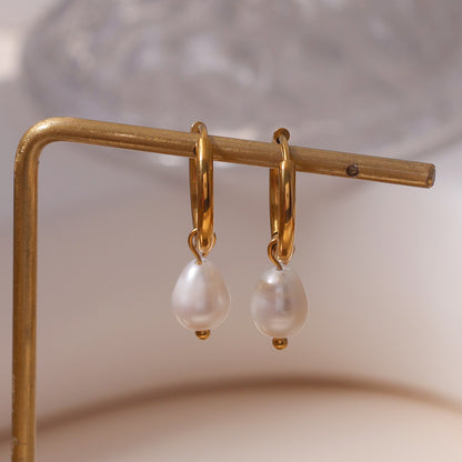 Freshwater Pearl Drop Stainless Steel Huggie Hoop Earrings