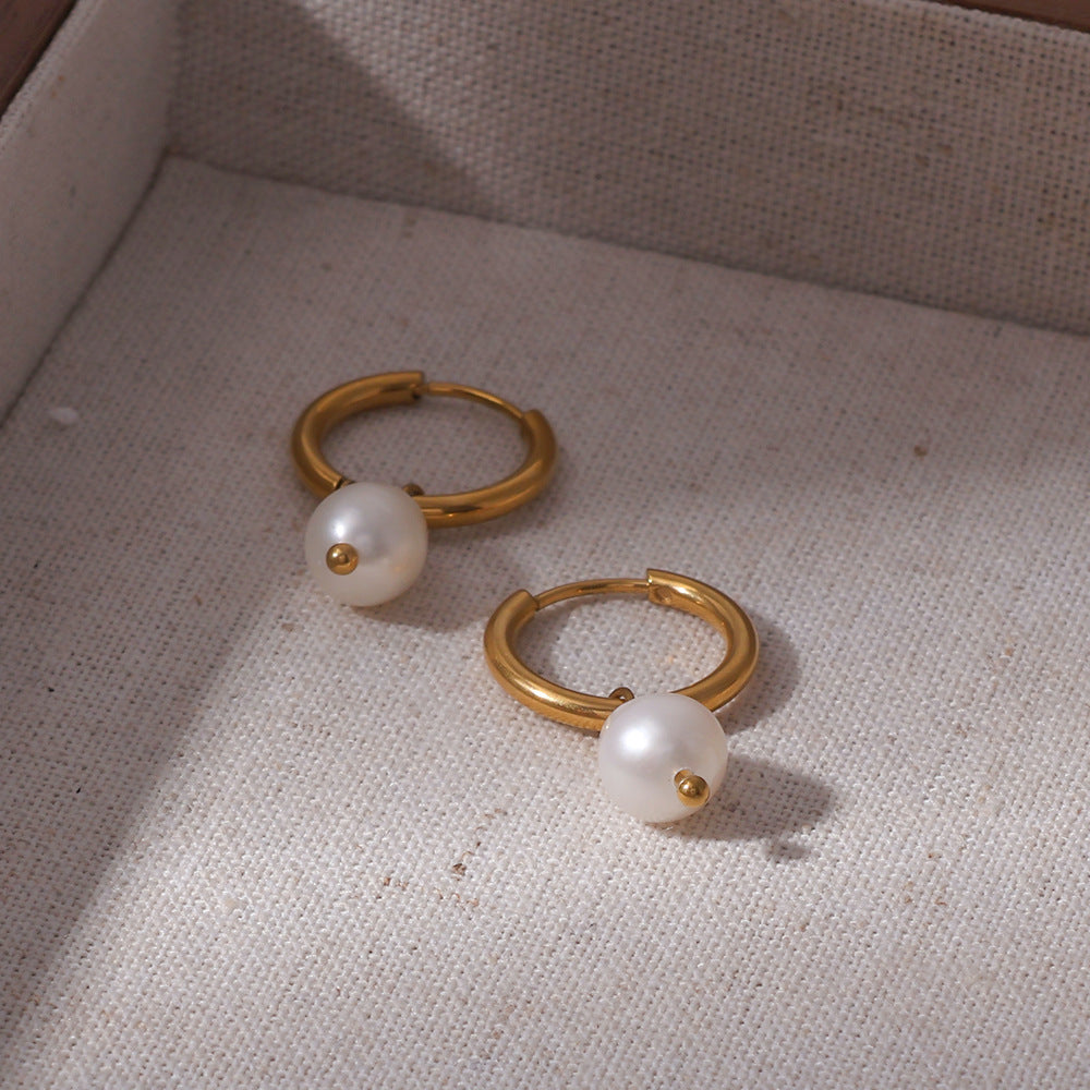 Freshwater Pearl Drop Stainless Steel Huggie Hoop Earrings