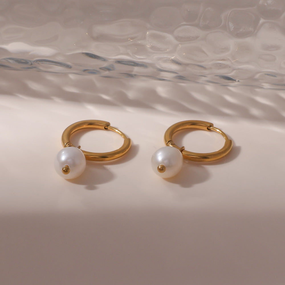 Freshwater Pearl Drop Stainless Steel Huggie Hoop Earrings