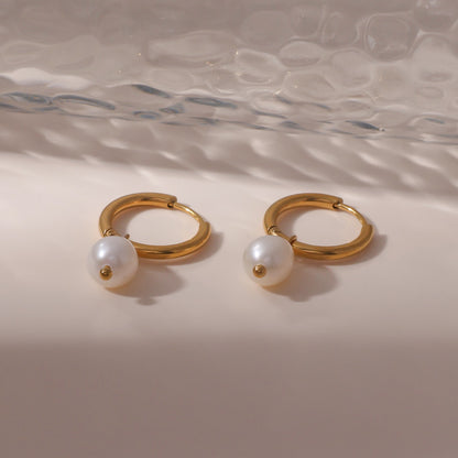 Freshwater Pearl Drop Stainless Steel Huggie Hoop Earrings