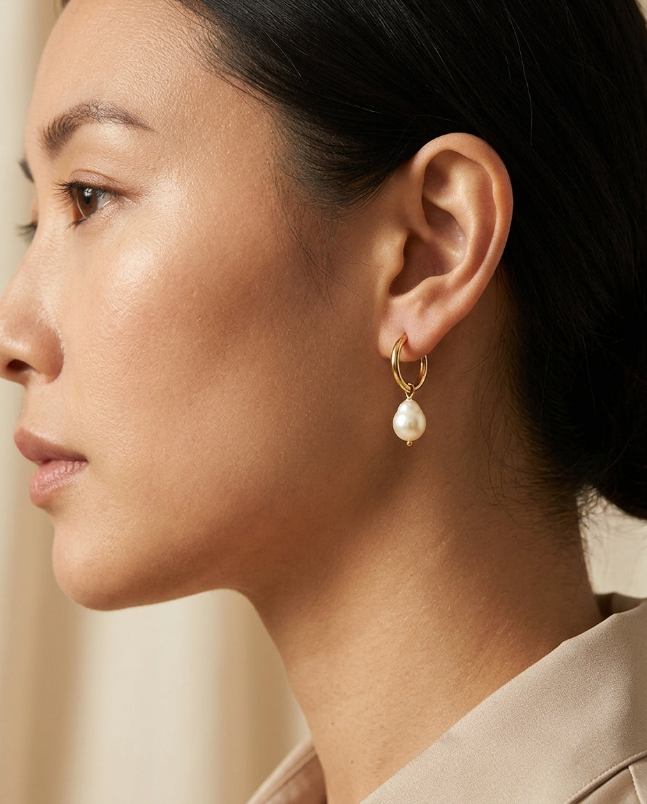 Freshwater Pearl Drop Stainless Steel Huggie Hoop Earrings