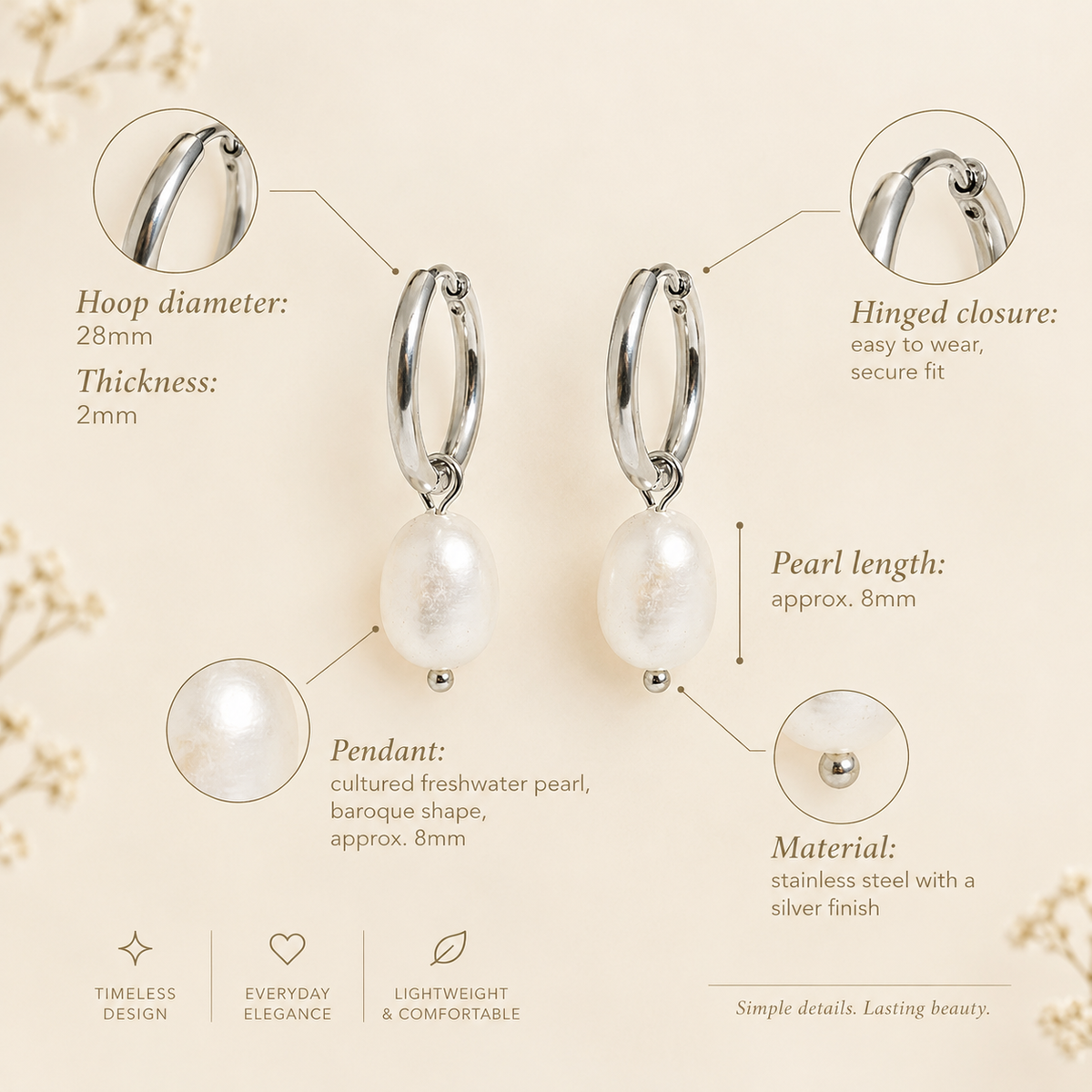 Freshwater Pearl Drop Stainless Steel Huggie Hoop Earrings