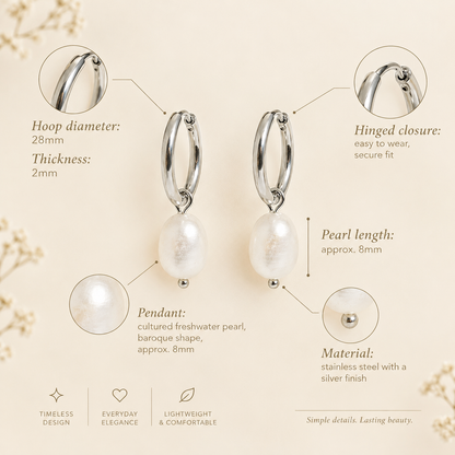 Freshwater Pearl Drop Stainless Steel Huggie Hoop Earrings