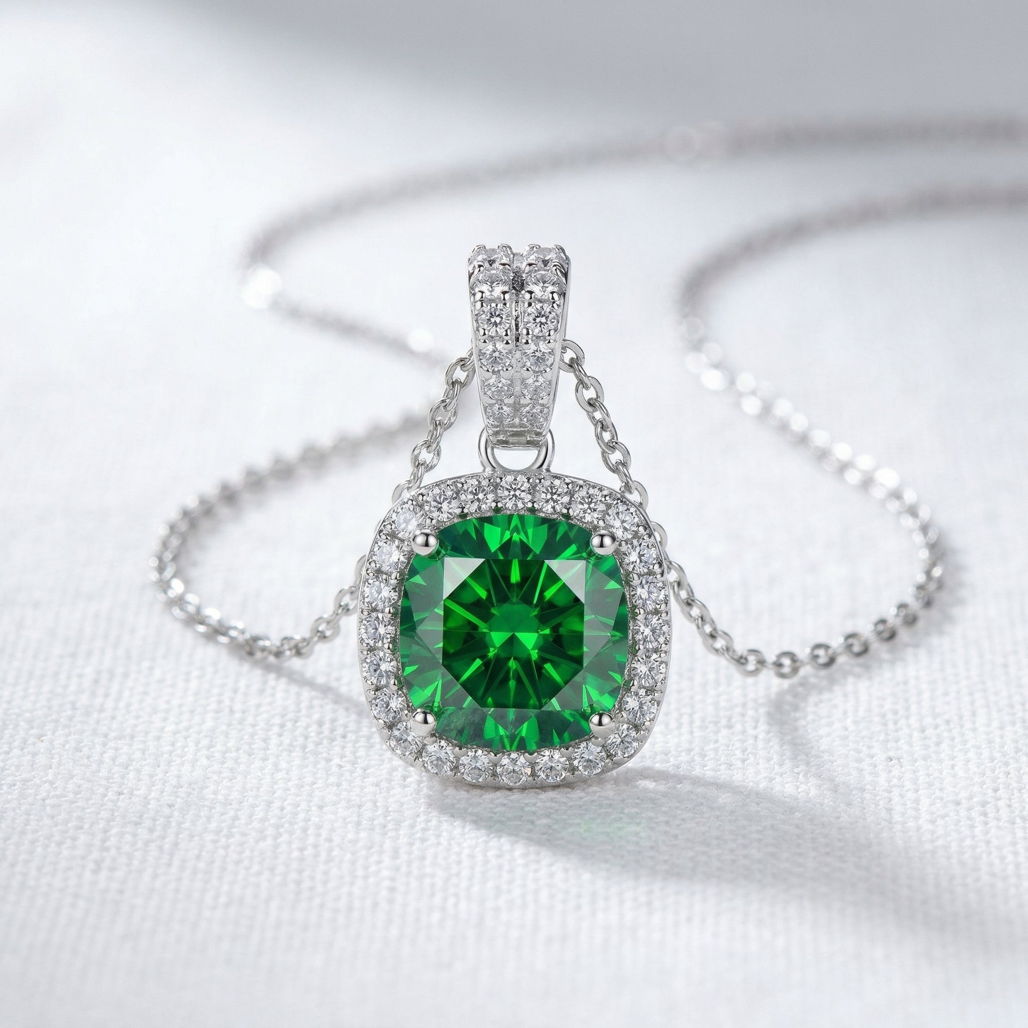 Emerald Halo Pendant Necklace - Emerald Green Moissanite