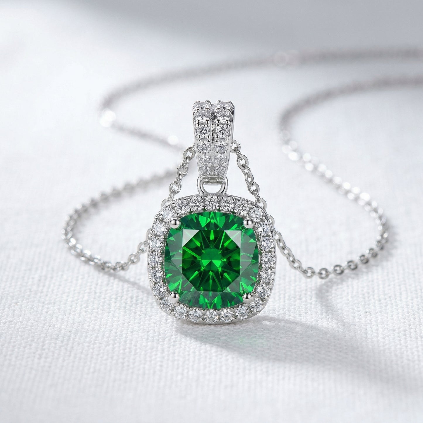 Emerald Halo Pendant Necklace - Emerald Green Moissanite