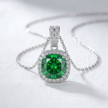 Emerald Halo Pendant Necklace - Emerald Green Moissanite
