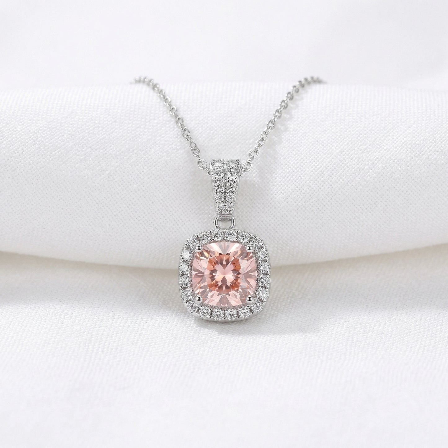 Emerald Halo Pendant Necklace - Sakura Pink Moissanite