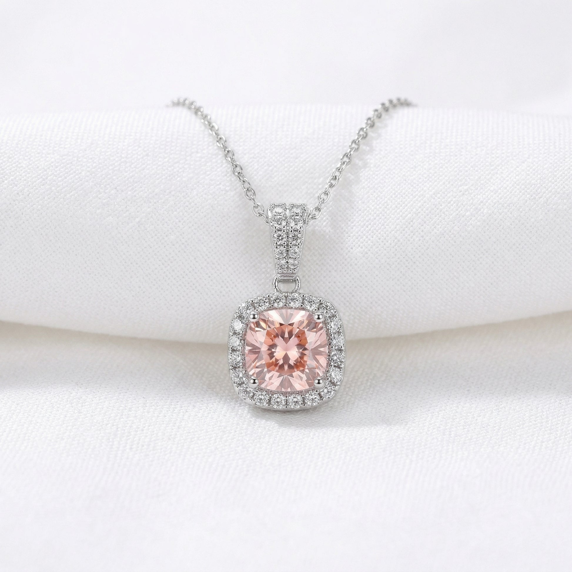 Emerald Halo Pendant Necklace - Sakura Pink Moissanite