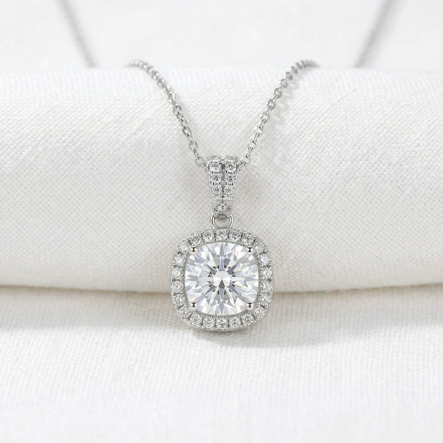 Emerald Halo Pendant Necklace - White Moissanite