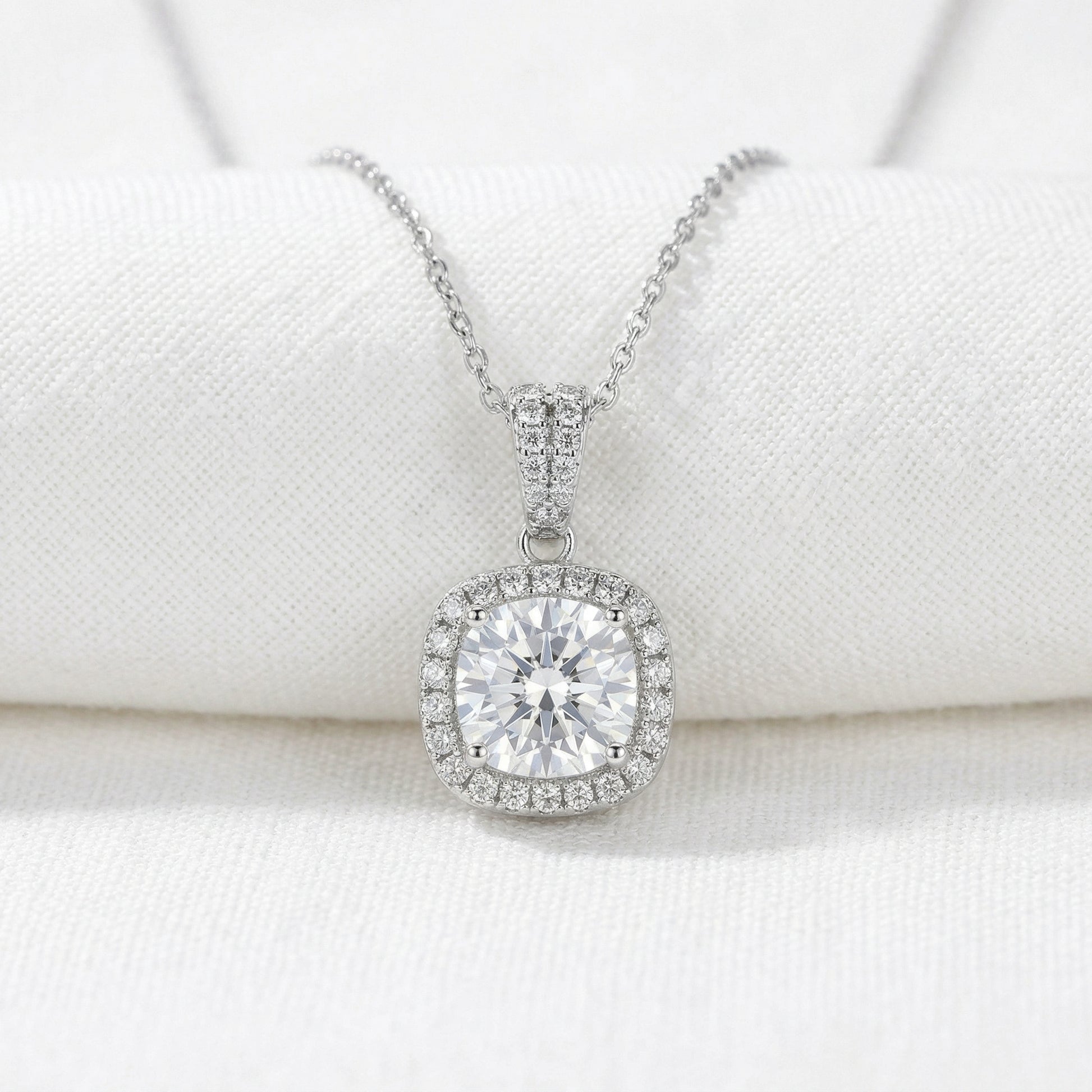 Emerald Halo Pendant Necklace - White Moissanite